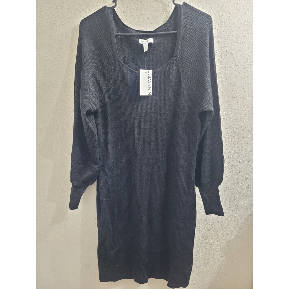 Nine West Squareneck Sweater Dress Black Metallic In XL